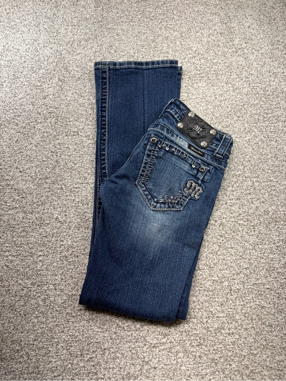 Women's Miss Me Dark Wash Blue Bootcut Embellished Pockets Jeans Size 25x33